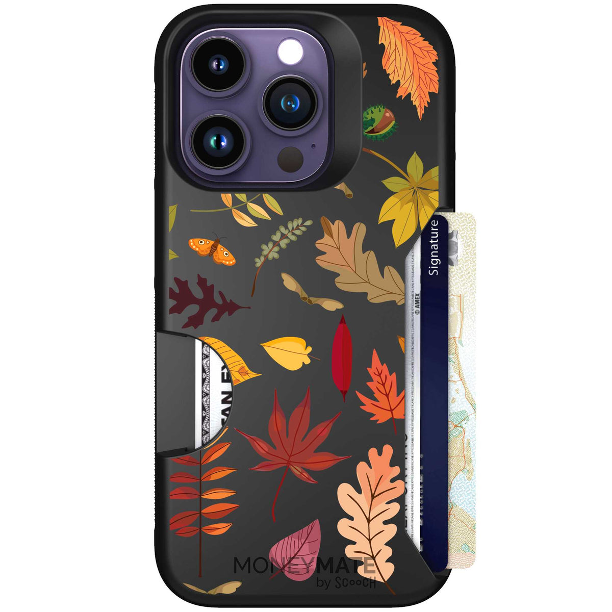 Autumn Leaves multicolored fall foliage pattern on a charcoal scoochzza Moneymate case for iPhone 14 Pro