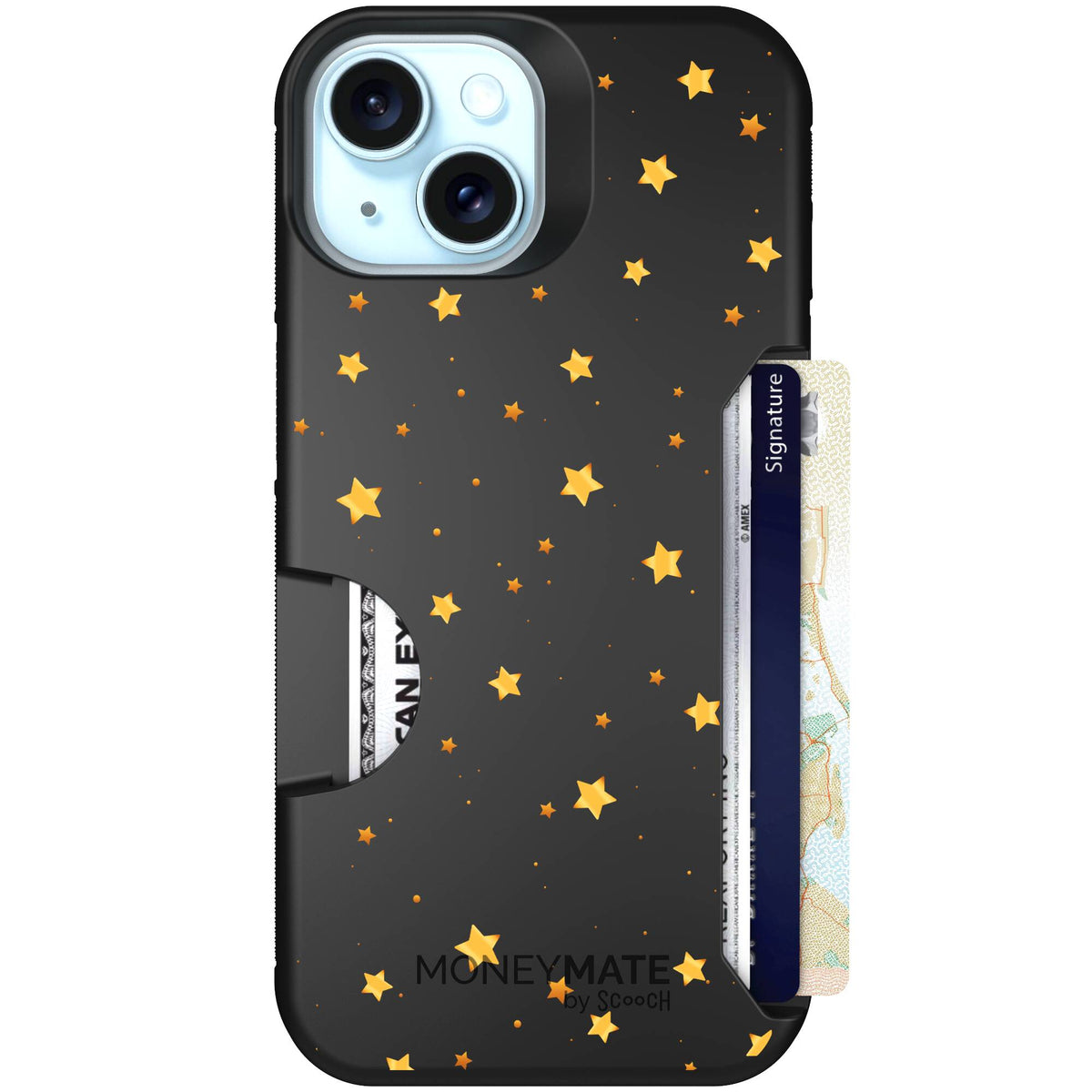 Gold Stars yellow and gold star pattern on a charcoal scoochzza Moneymate case for iPhone 15