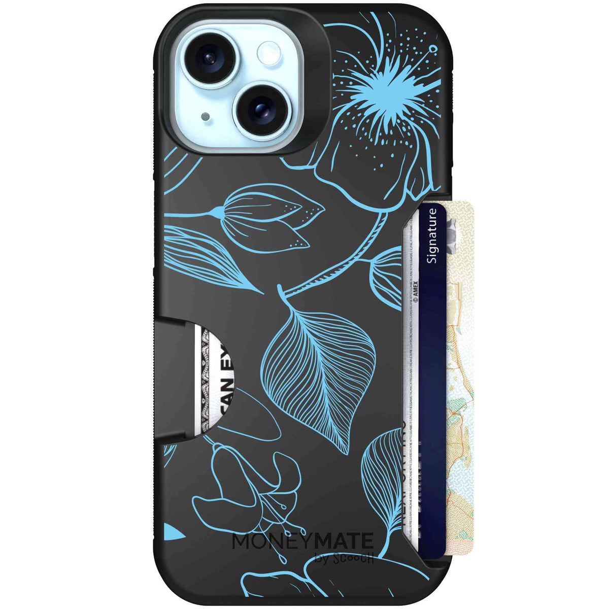 Blue Hibiscus cyan-blue tropical flower pattern on a charcoal scoochzza Moneymate case for iPhone 15