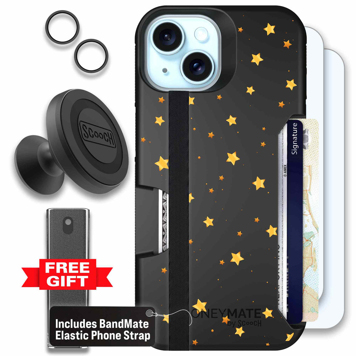 Gold Stars yellow and gold star pattern on a charcoal scoochzza Moneymate case for iPhone 15 - Defender Bundle