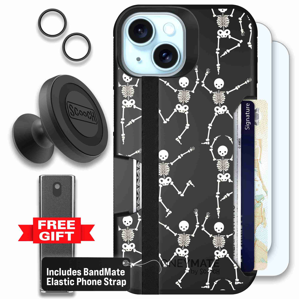 Swinging Skeletons white dancing skeleton pattern on a black scoochzza Moneymate case for iPhone 15 - Defender Bundle