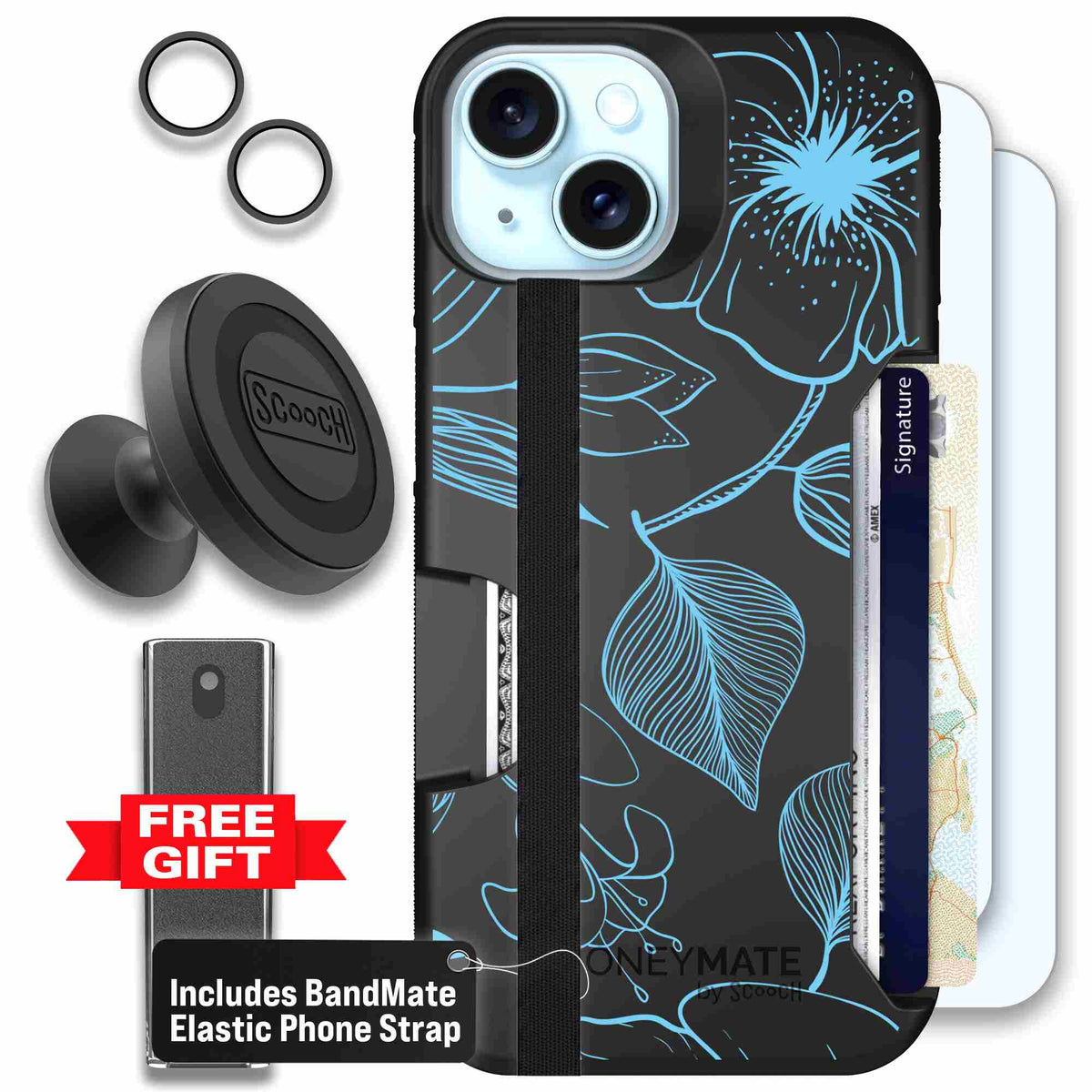 Blue Hibiscus cyan-blue tropical flower pattern on a charcoal scoochzza Moneymate case for iPhone 15 - Defender Bundle