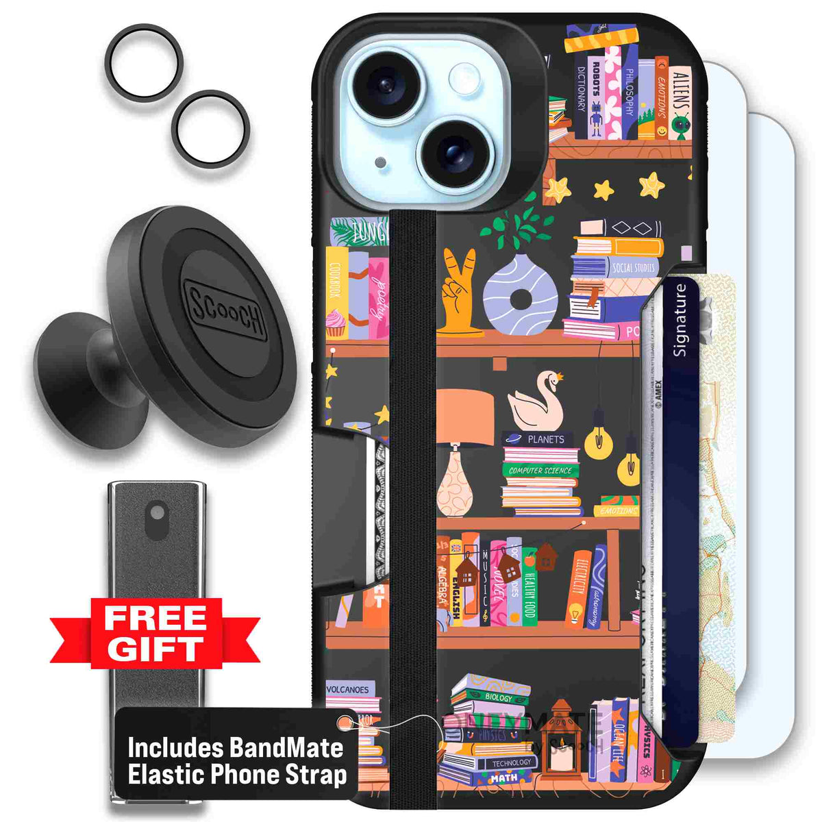 Little Library colorful book and bookshelf pattern on a scoochzza Moneymate case for iPhone 15 - Defender Bundle