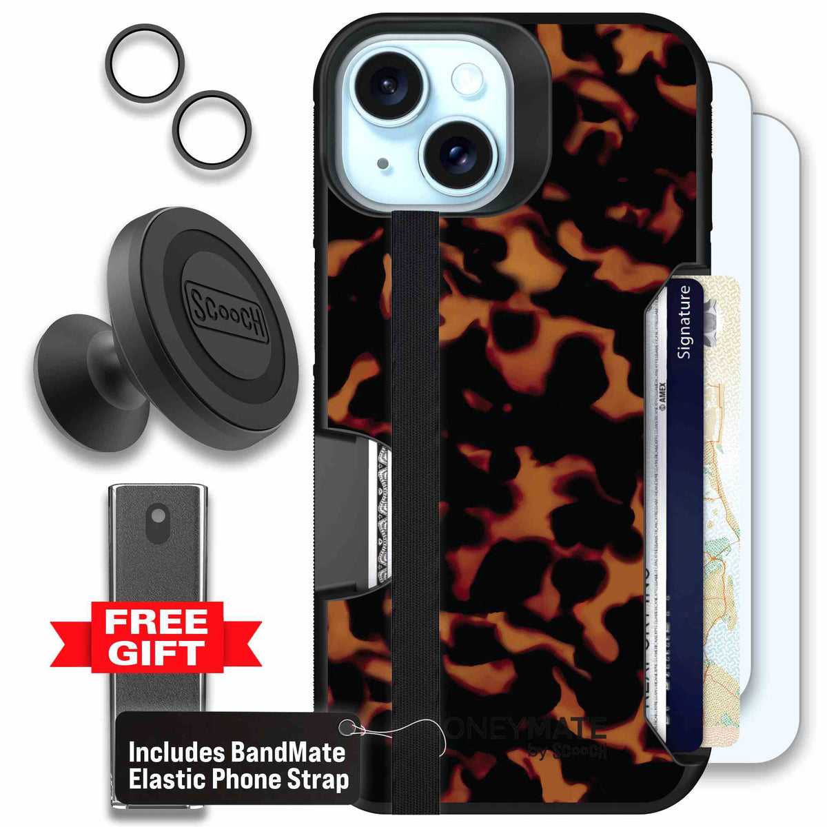 Tortoise Shell amber brown and black mottled pattern on a scoochzza Moneymate case for iPhone 15 - Defender Bundle