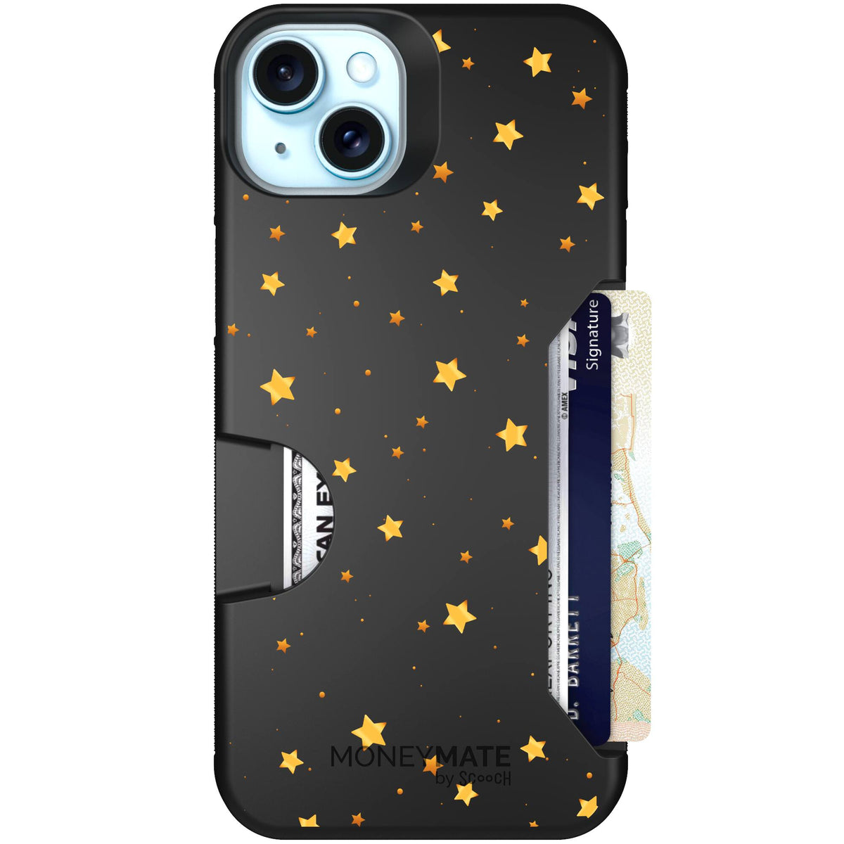 Gold Stars yellow and gold star pattern on a charcoal scoochzza Moneymate case for iPhone 15 Plus