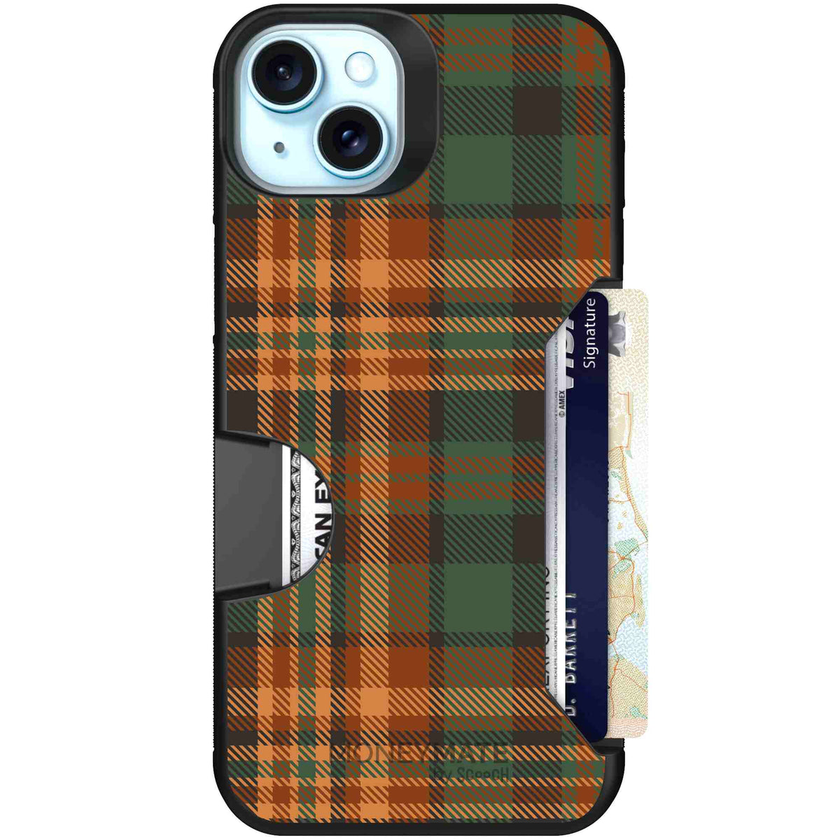 Fall Flannel orange and brown plaid pattern on a scoochzza Moneymate case for iPhone 15 Plus