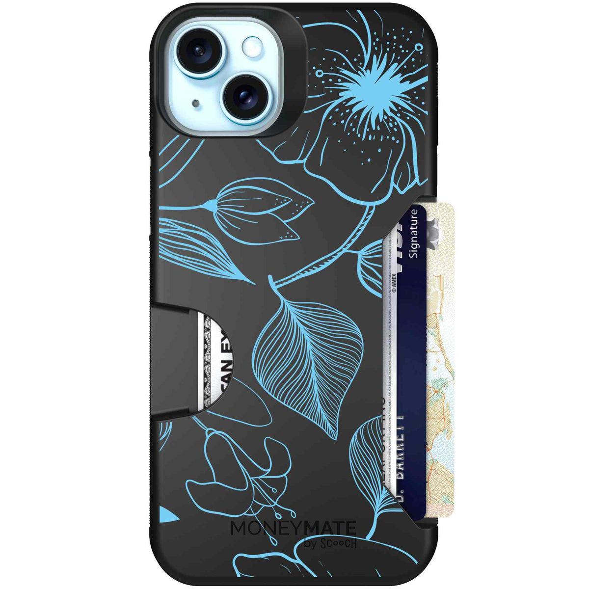 Blue Hibiscus cyan-blue tropical flower pattern on a charcoal scoochzza Moneymate case for iPhone 15 Plus