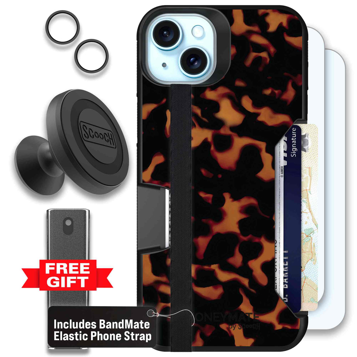 Tortoise Shell amber brown and black mottled pattern on a scoochzza Moneymate case for iPhone 15 Plus - Defender Bundle