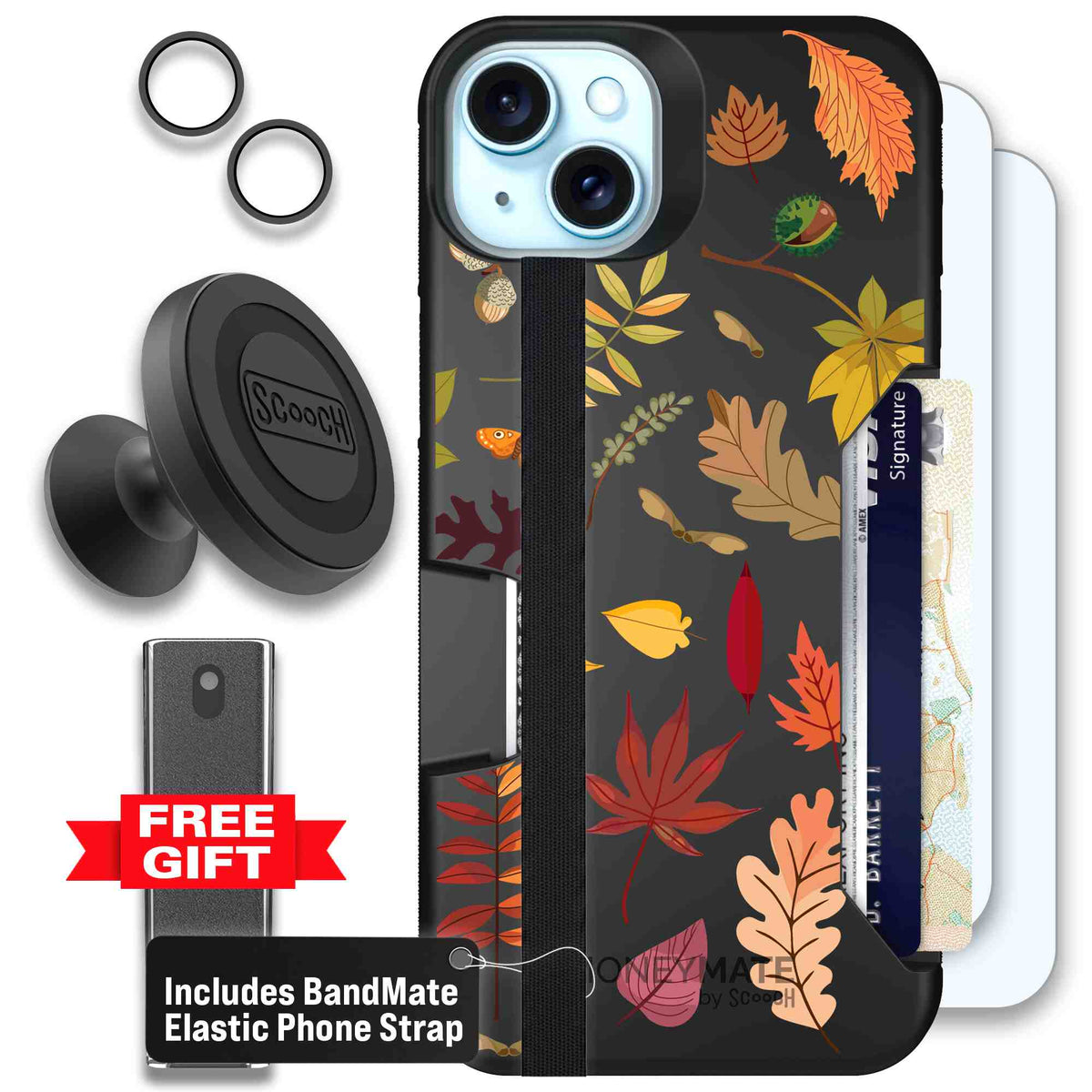 Autumn Leaves multicolored fall foliage pattern on a charcoal scoochzza Moneymate case for iPhone 15 Plus - Defender Bundle