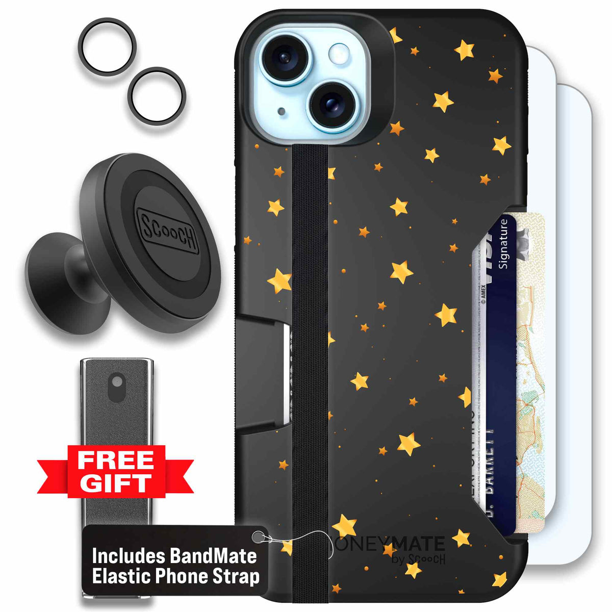 Gold Stars yellow and gold star pattern on a charcoal scoochzza Moneymate case for iPhone 15 Plus - Defender Bundle