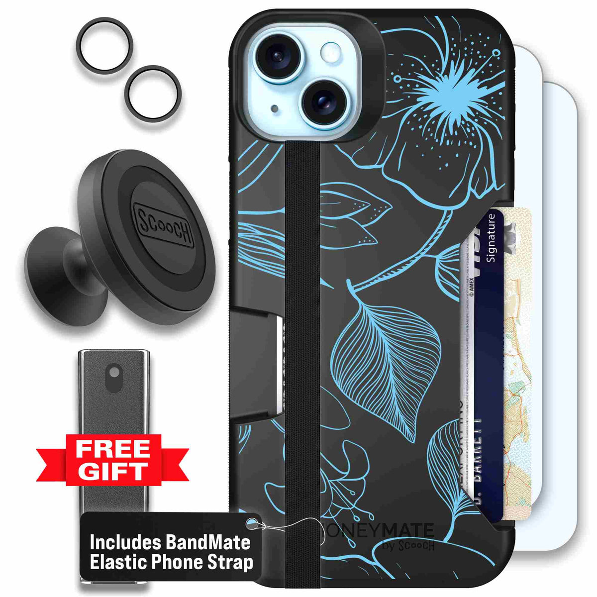 Blue Hibiscus cyan-blue tropical flower pattern on a charcoal scoochzza Moneymate case for iPhone 15 Plus - Defender Bundle