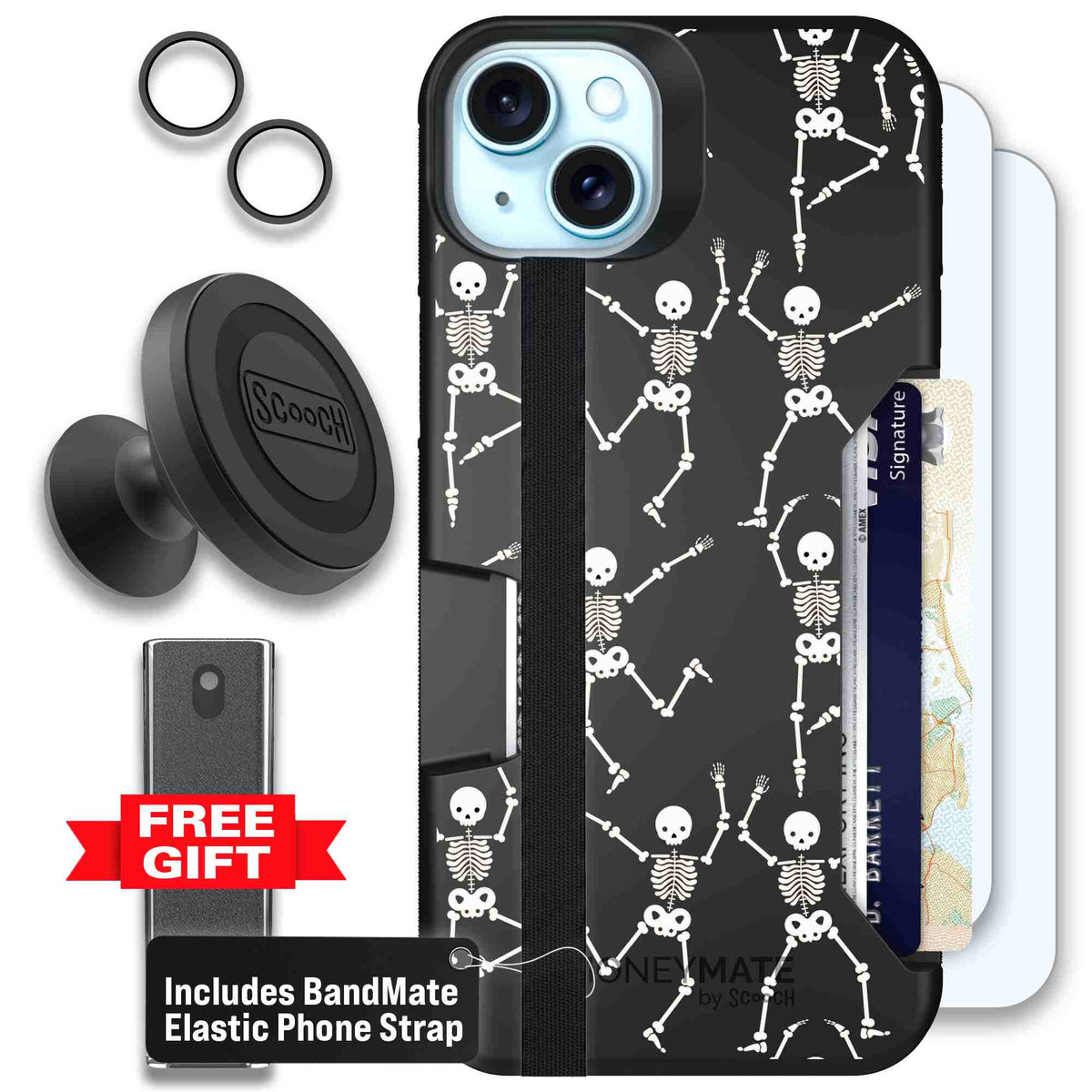 Swinging Skeletons white dancing skeleton pattern on a black scoochzza Moneymate case for iPhone 15 Plus - Defender Bundle