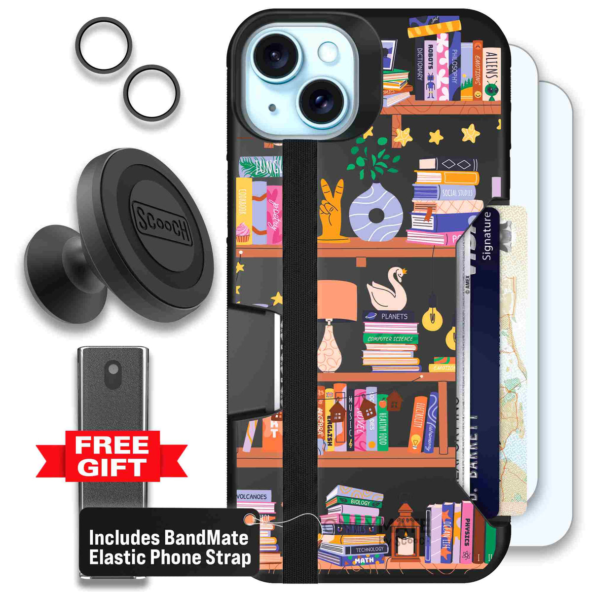 Little Library colorful book and bookshelf pattern on a scoochzza Moneymate case for iPhone 15 Plus - Defender Bundle