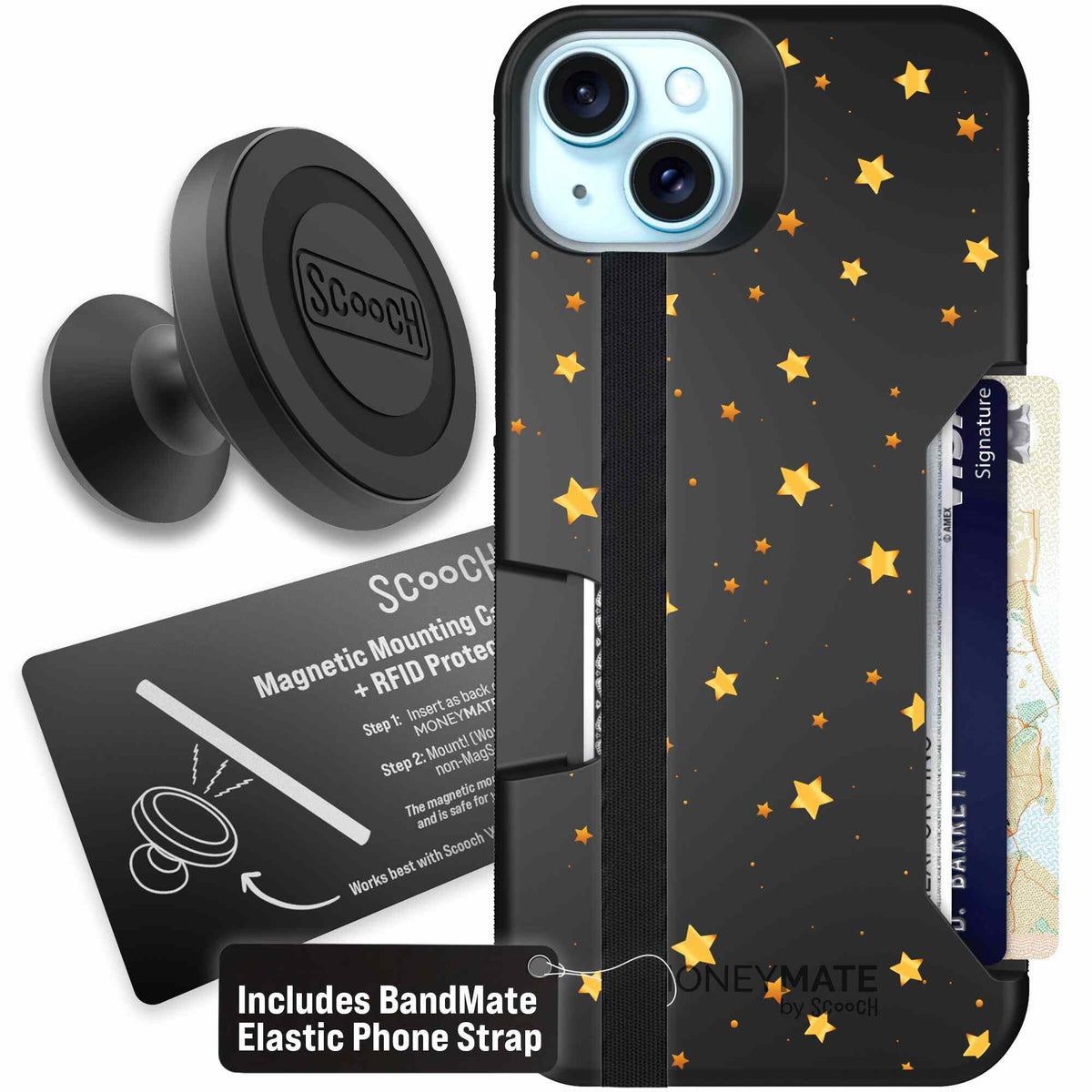 Gold Stars yellow and gold star pattern on a charcoal scoochzza Moneymate case for iPhone 15 Plus - Starter Bundle