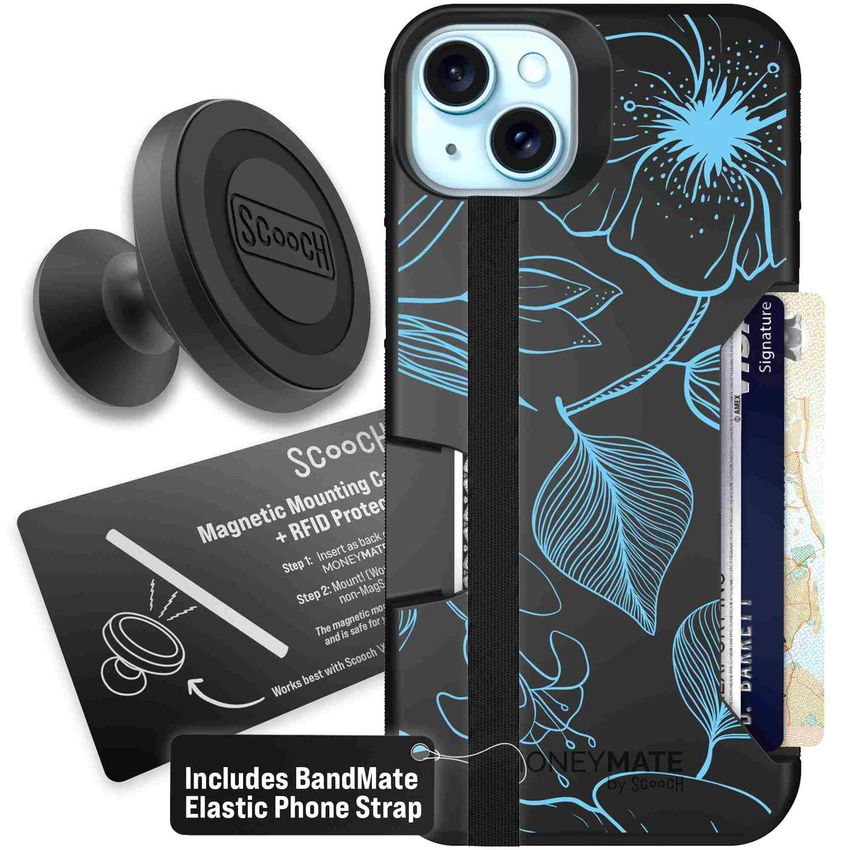 Blue Hibiscus cyan-blue tropical flower pattern on a charcoal scoochzza Moneymate case for iPhone 15 Plus - Starter Bundle