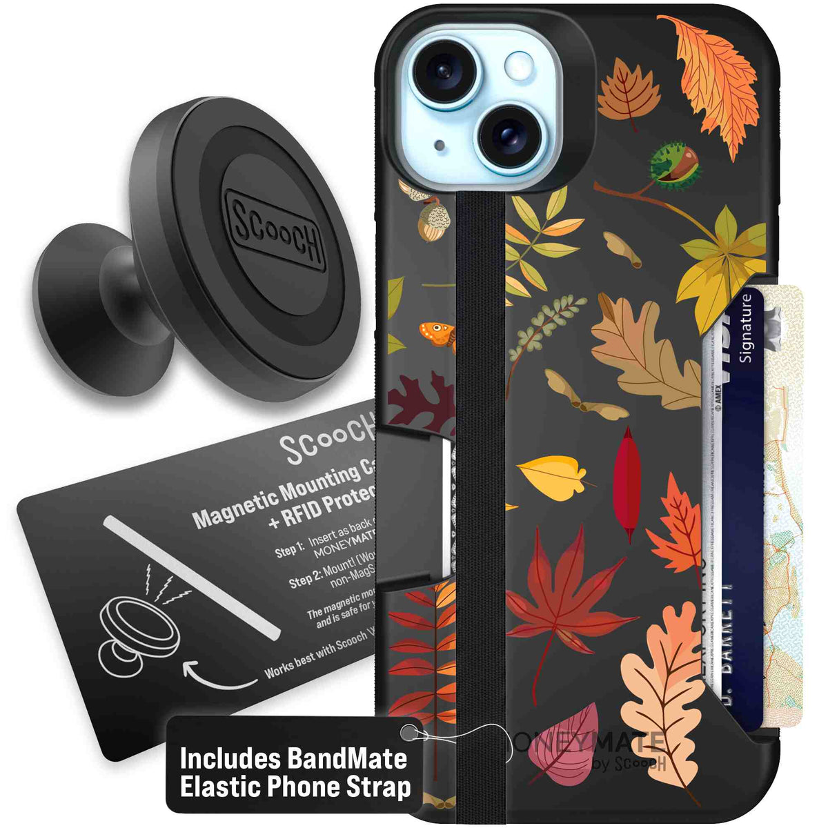 Autumn Leaves multicolored fall foliage pattern on a charcoal scoochzza Moneymate case for iPhone 15 Plus - Starter Bundle