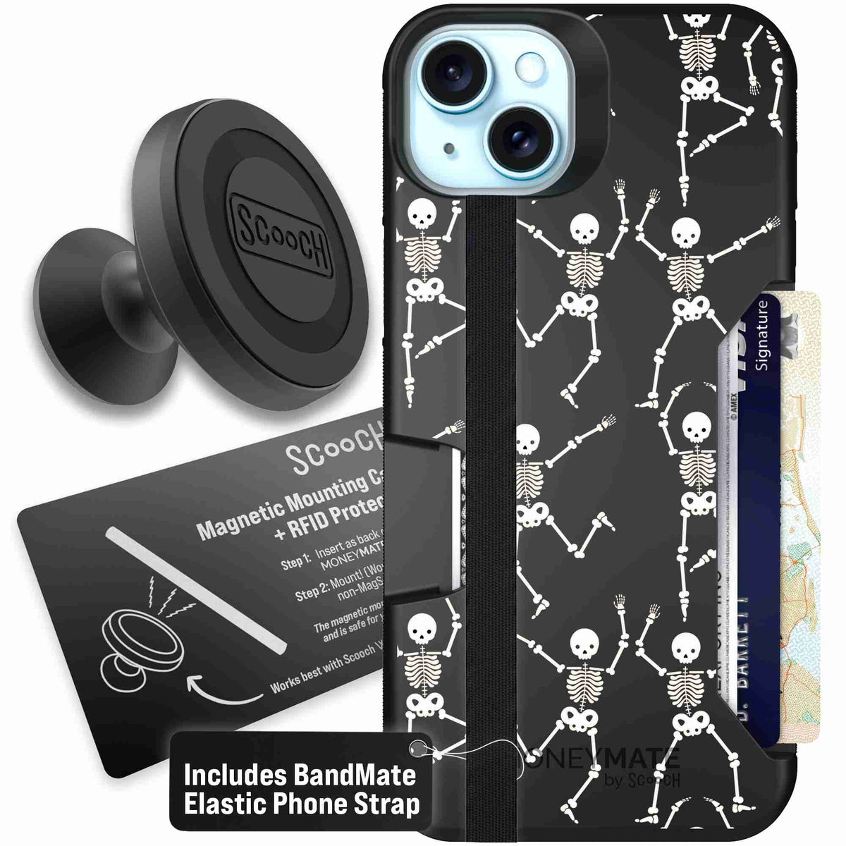 Swinging Skeletons white dancing skeleton pattern on a black scoochzza Moneymate case for iPhone 15 Plus - Starter Bundle