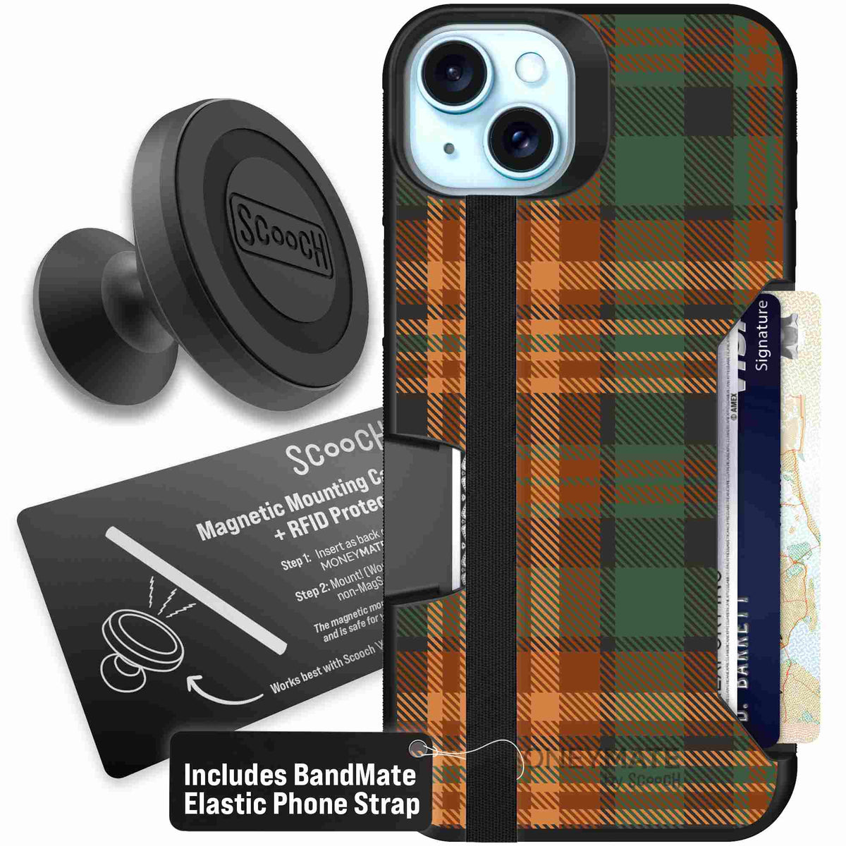 Fall Flannel orange and brown plaid pattern on a scoochzza Moneymate case for iPhone 15 Plus - Starter Bundle