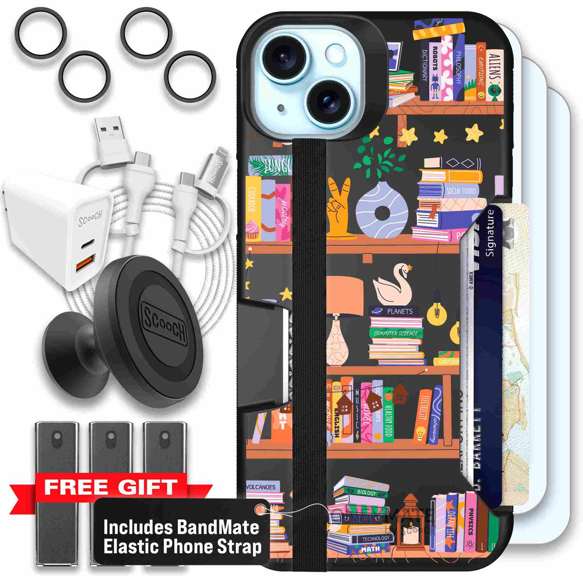 Little Library colorful book and bookshelf pattern on a scoochzza Moneymate case for iPhone 15 Plus - Ultimate Bundle