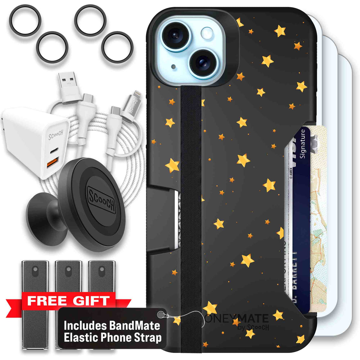 Gold Stars yellow and gold star pattern on a charcoal scoochzza Moneymate case for iPhone 15 Plus - Ultimate Bundle