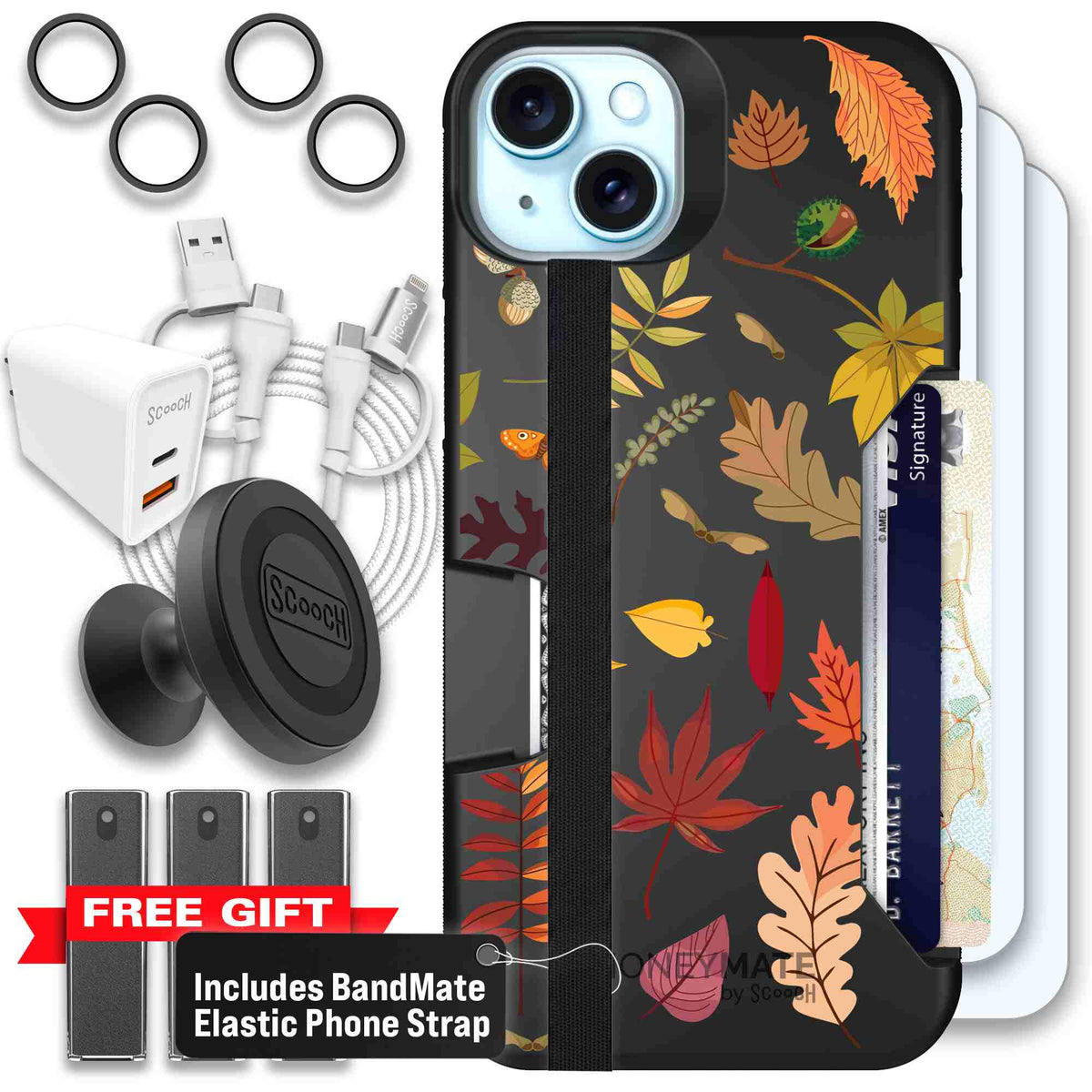 Autumn Leaves multicolored fall foliage pattern on a charcoal scoochzza Moneymate case for iPhone 15 Plus - Ultimate Bundle