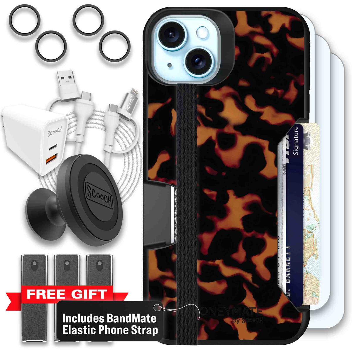 Tortoise Shell amber brown and black mottled pattern on a scoochzza Moneymate case for iPhone 15 Plus - Ultimate Bundle