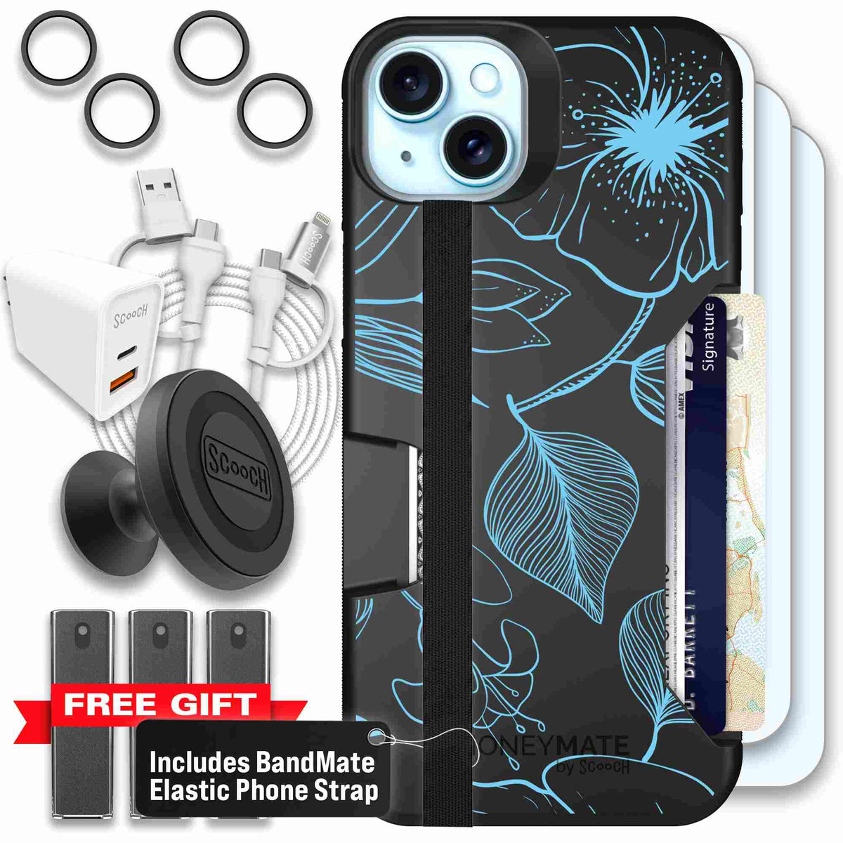 Blue Hibiscus cyan-blue tropical flower pattern on a charcoal scoochzza Moneymate case for iPhone 15 Plus - Ultimate Bundle