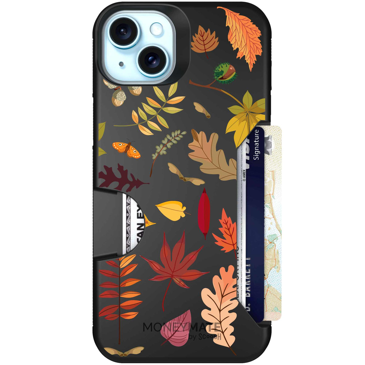 Autumn Leaves multicolored fall foliage pattern on a charcoal scoochzza Moneymate case for iPhone 15 Plus