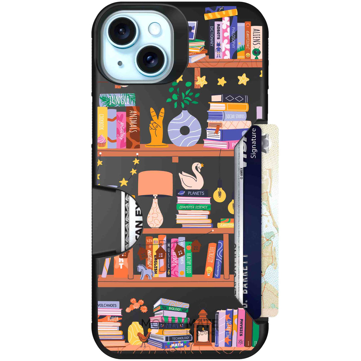 Little Library colorful book and bookshelf pattern on a scoochzza Moneymate case for iPhone 15 Plus