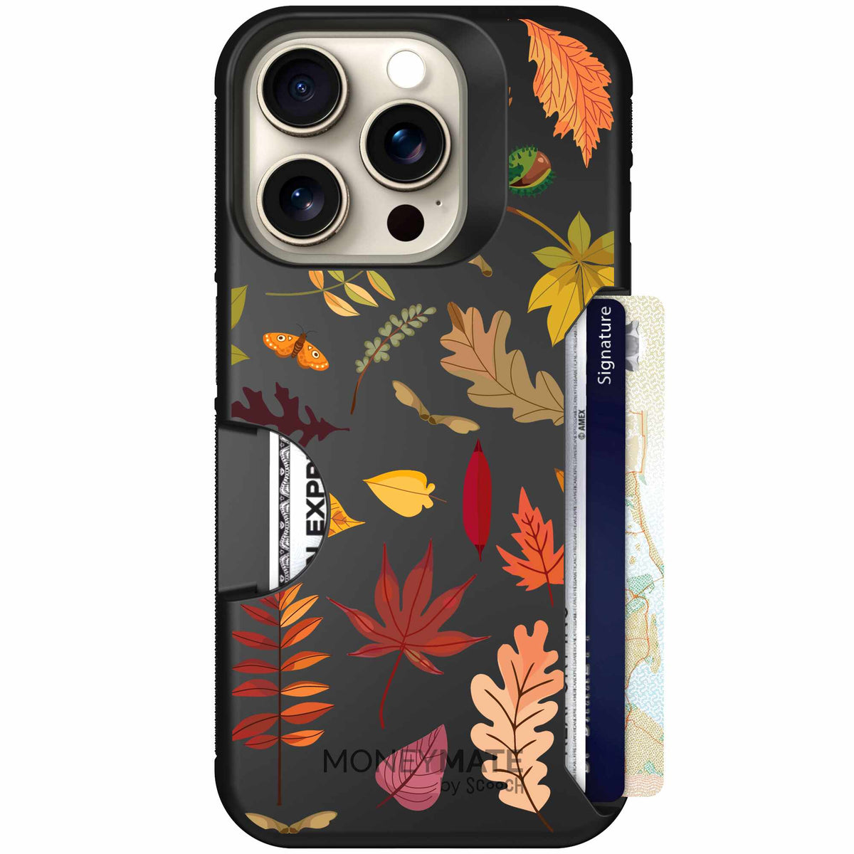 Autumn Leaves multicolored fall foliage pattern on a charcoal scoochzza Moneymate case for iPhone 15 Pro