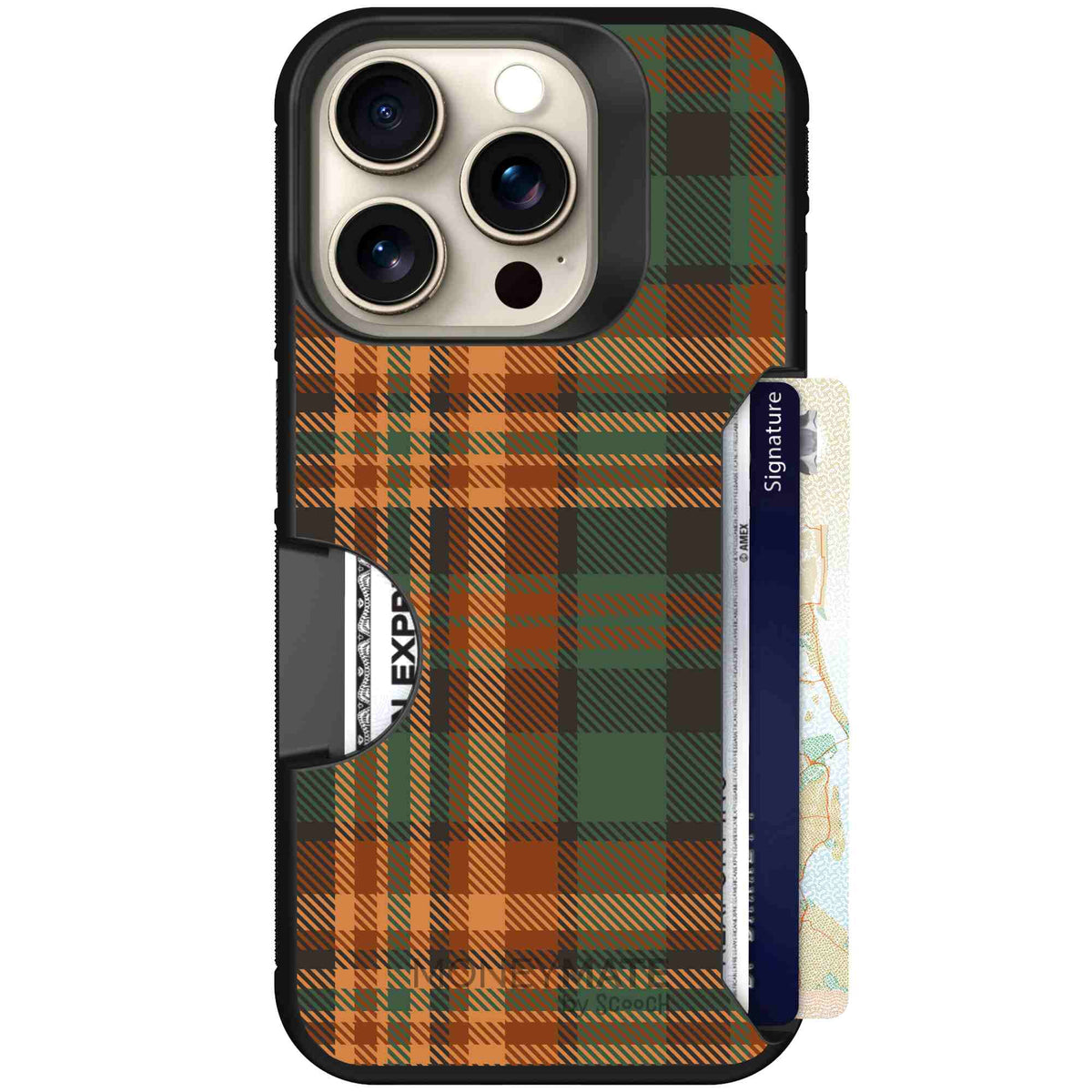 Fall Flannel orange and brown plaid pattern on a scoochzza Moneymate case for iPhone 15 Pro