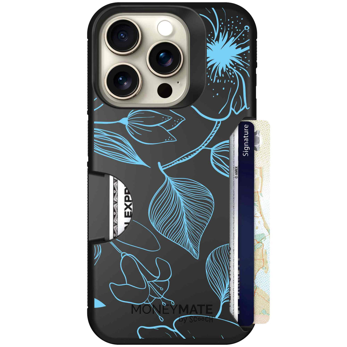 Blue Hibiscus cyan-blue tropical flower pattern on a charcoal scoochzza Moneymate case for iPhone 15 Pro