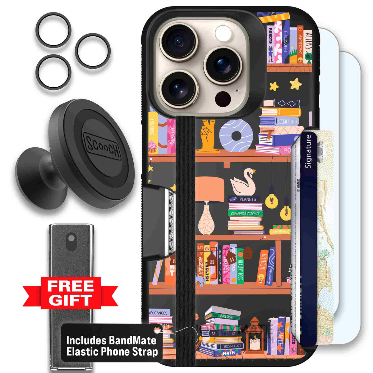 Little Library colorful book and bookshelf pattern on a scoochzza Moneymate case for iPhone 15 Pro - Defender Bundle
