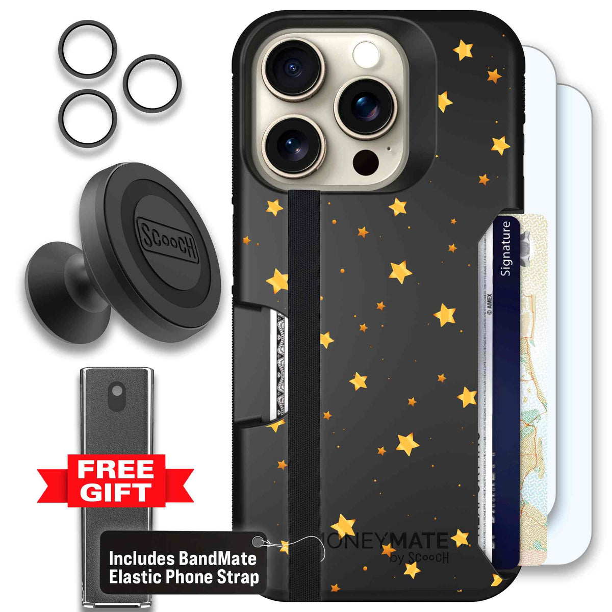 Gold Stars yellow and gold star pattern on a charcoal scoochzza Moneymate case for iPhone 15 Pro - Defender Bundle