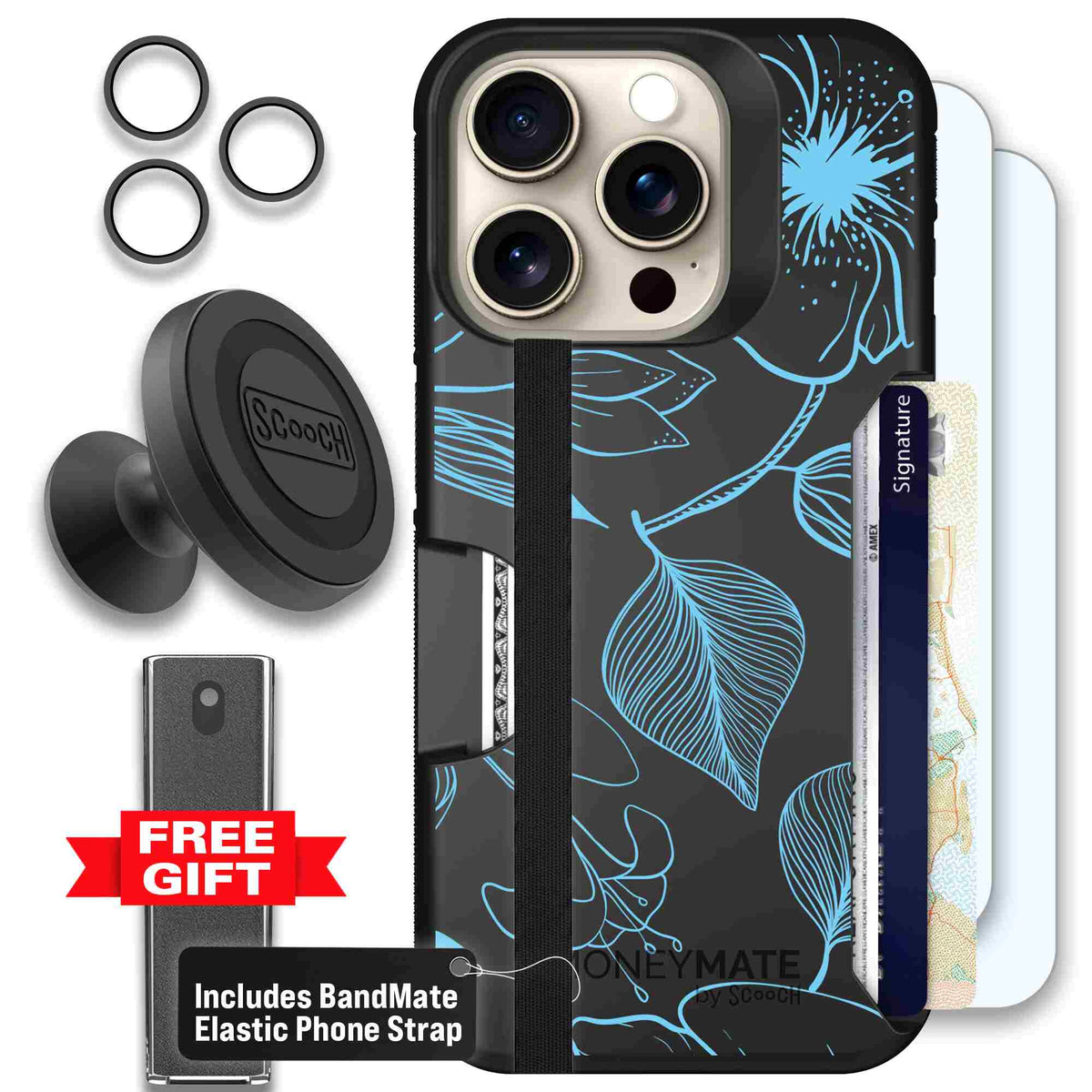 Blue Hibiscus cyan-blue tropical flower pattern on a charcoal scoochzza Moneymate case for iPhone 15 Pro - Defender Bundle