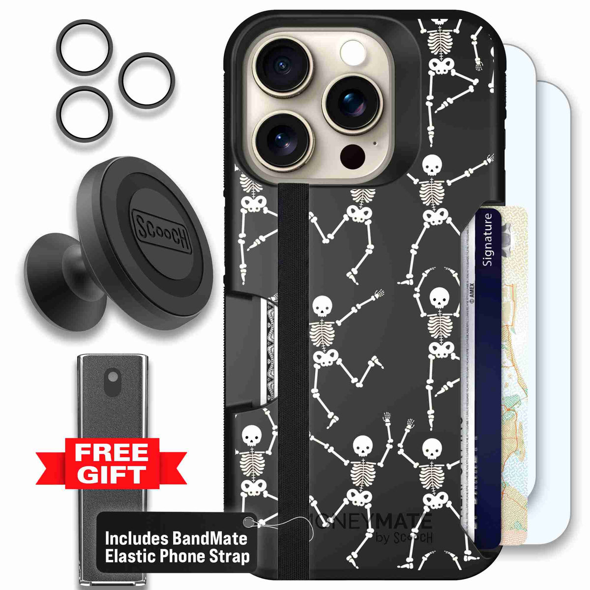 Swinging Skeletons white dancing skeleton pattern on a black scoochzza Moneymate case for iPhone 15 Pro - Defender Bundle