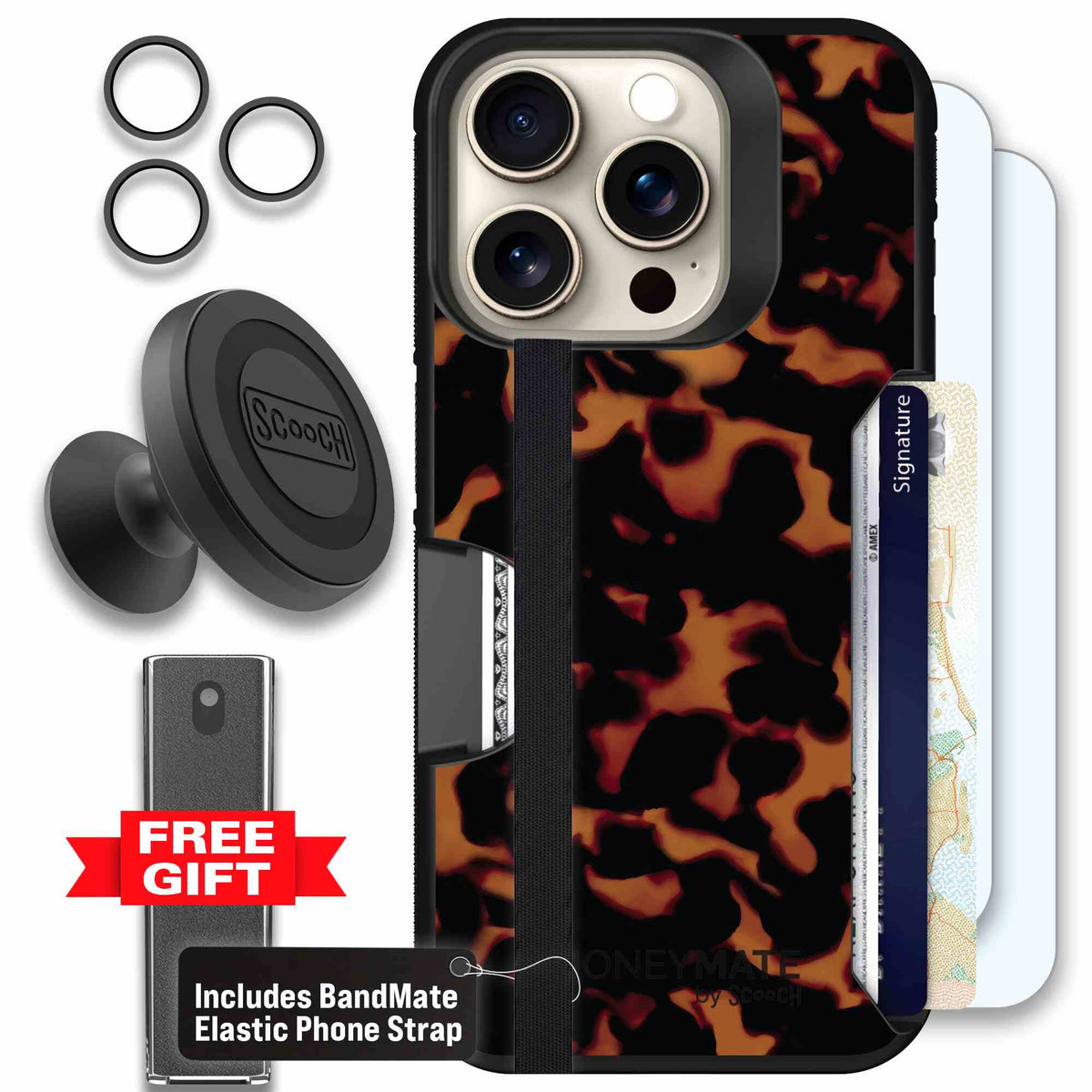 Tortoise Shell amber brown and black mottled pattern on a scoochzza Moneymate case for iPhone 15 Pro - Defender Bundle