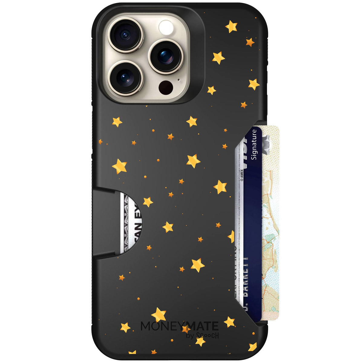 Gold Stars yellow and gold star pattern on a charcoal scoochzza Moneymate case for iPhone 15 Pro Max