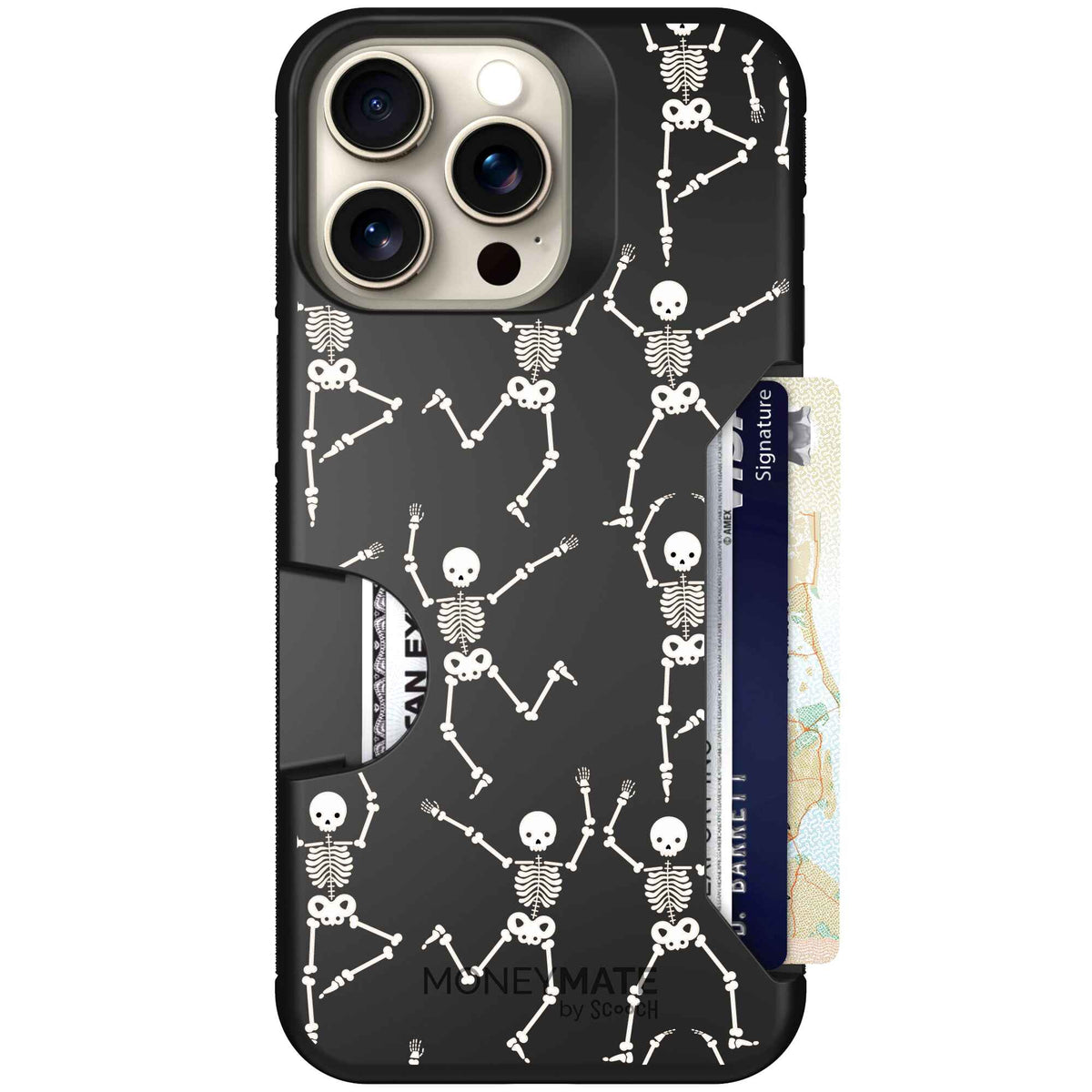 Swinging Skeletons white dancing skeleton pattern on a black scoochzza Moneymate case for iPhone 15 Pro Max