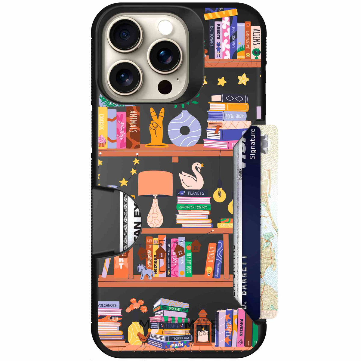 Little Library colorful book and bookshelf pattern on a scoochzza Moneymate case for iPhone 15 Pro Max