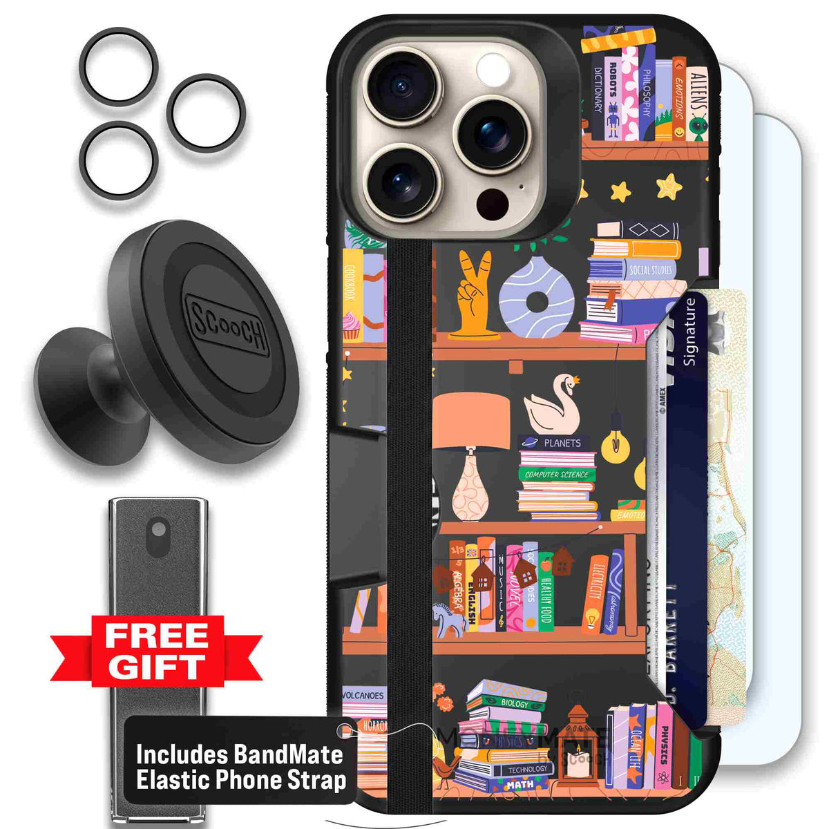 Little Library colorful book and bookshelf pattern on a scoochzza Moneymate case for iPhone 15 Pro Max - Defender Bundle