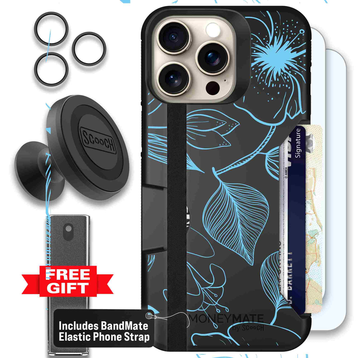 Blue Hibiscus cyan-blue tropical flower pattern on a charcoal scoochzza Moneymate case for iPhone 15 Pro Max - Defender Bundle