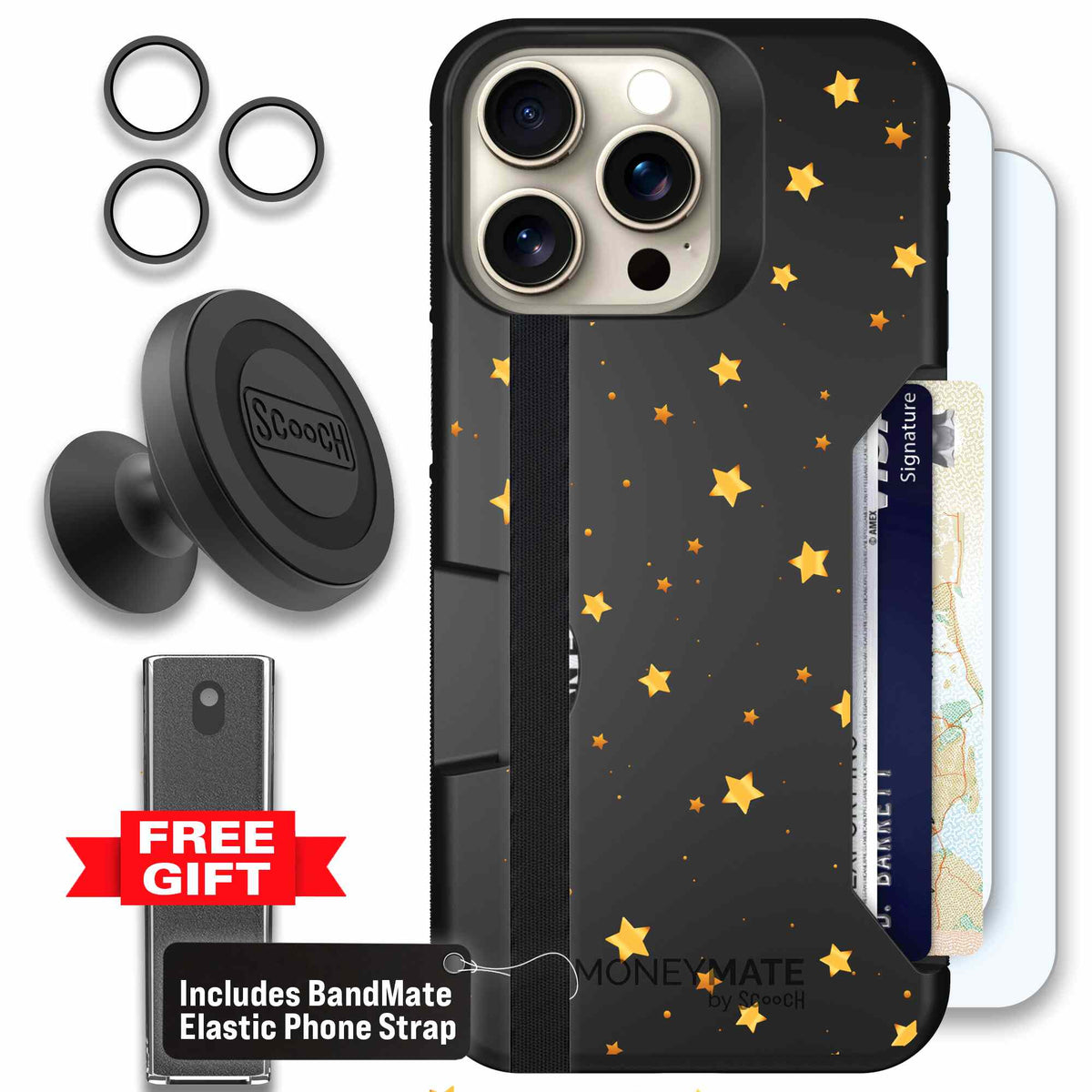 Gold Stars yellow and gold star pattern on a charcoal scoochzza Moneymate case for iPhone 15 Pro Max - Defender Bundle