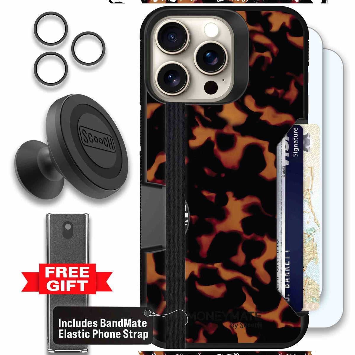 Tortoise Shell amber brown and black mottled pattern on a scoochzza Moneymate case for iPhone 15 Pro Max - Defender Bundle