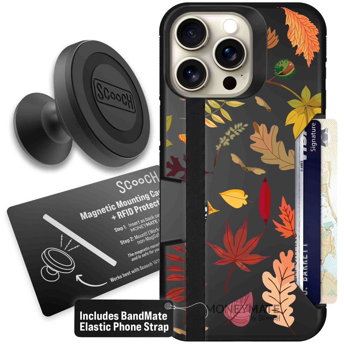 Autumn Leaves multicolored fall foliage pattern on a charcoal scoochzza Moneymate case for iPhone 15 Pro Max - Starter Bundle