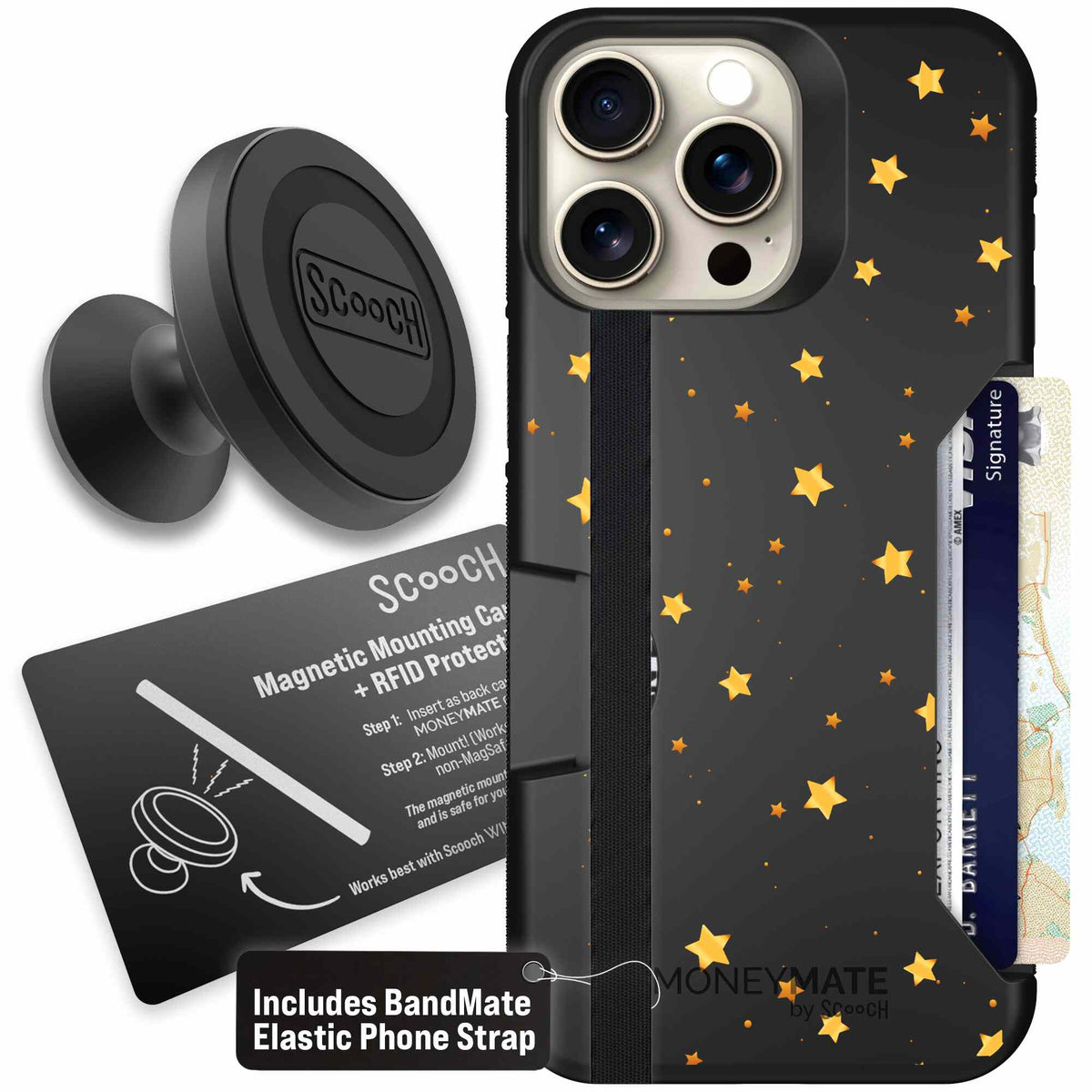 Gold Stars yellow and gold star pattern on a charcoal scoochzza Moneymate case for iPhone 15 Pro Max - Starter Bundle