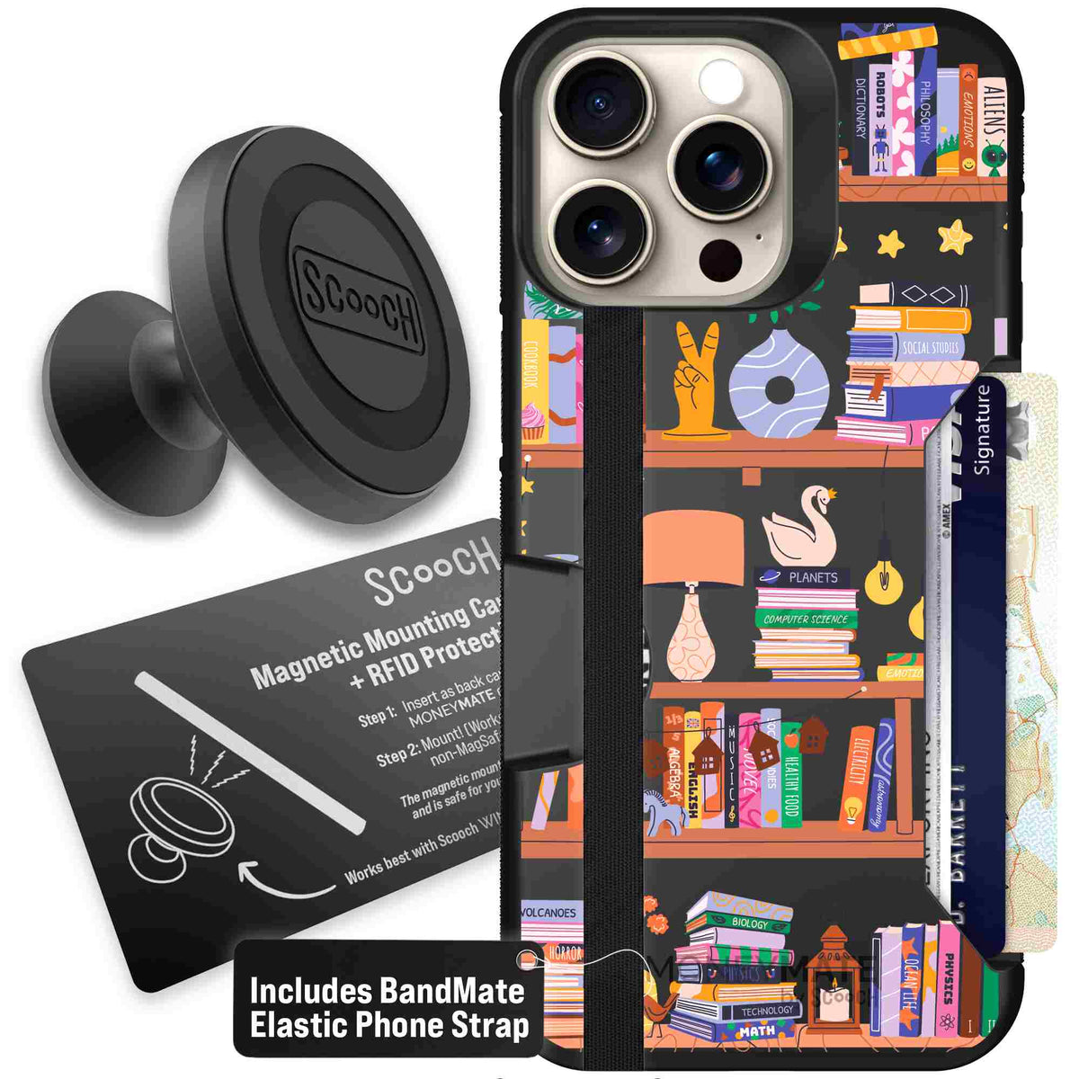 Little Library colorful book and bookshelf pattern on a scoochzza Moneymate case for iPhone 15 Pro Max - Starter Bundle