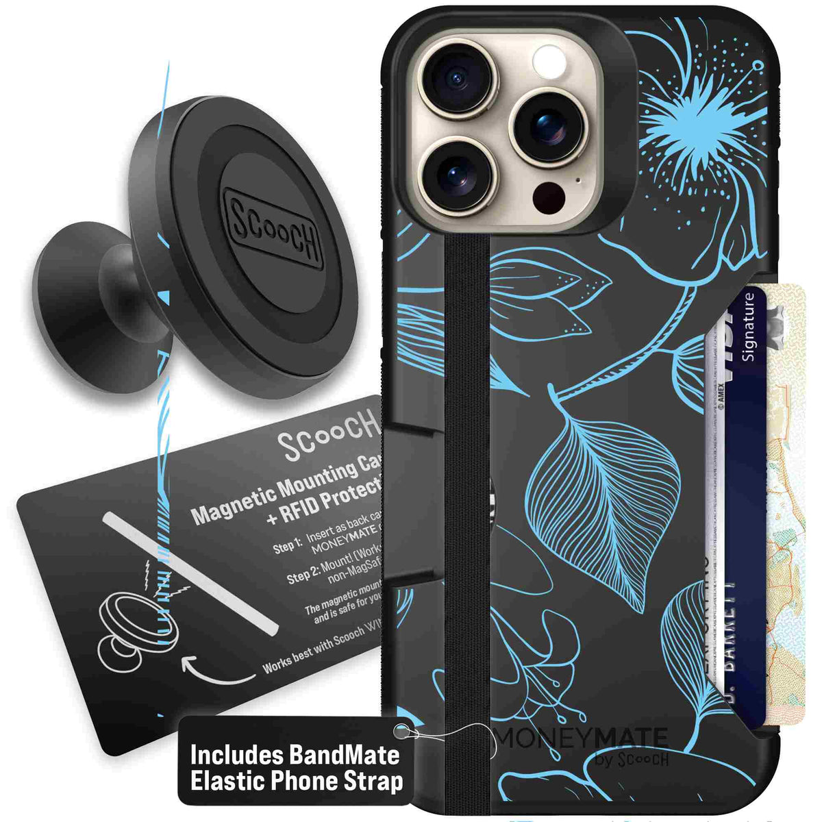 Blue Hibiscus cyan-blue tropical flower pattern on a charcoal scoochzza Moneymate case for iPhone 15 Pro Max - Starter Bundle
