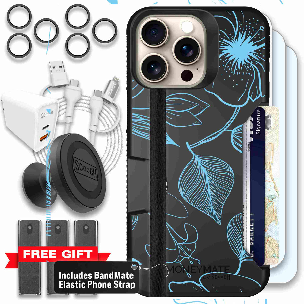 Blue Hibiscus cyan-blue tropical flower pattern on a charcoal scoochzza Moneymate case for iPhone 15 Pro Max - Ultimate Bundle