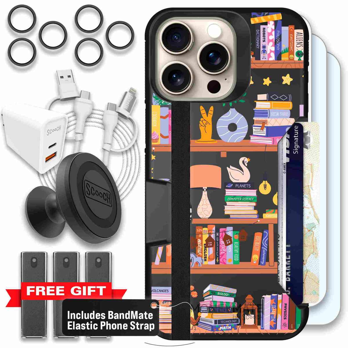 Little Library colorful book and bookshelf pattern on a scoochzza Moneymate case for iPhone 15 Pro Max - Ultimate Bundle